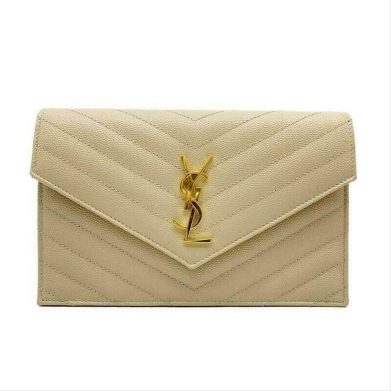 Saint Laurent Monogram Envelope Chain Wallet Small Poudre Beige Leather