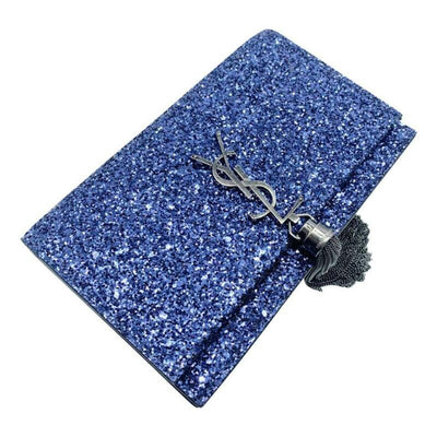 Saint Laurent Monogram Kate Chain Wallet New Chain Glitter Tassel Blue Leather