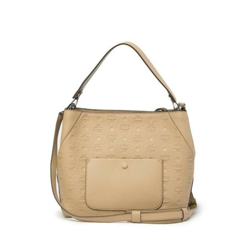 MCM Hobo Klara Monogrammed Beige Leather Shoulder Bag
