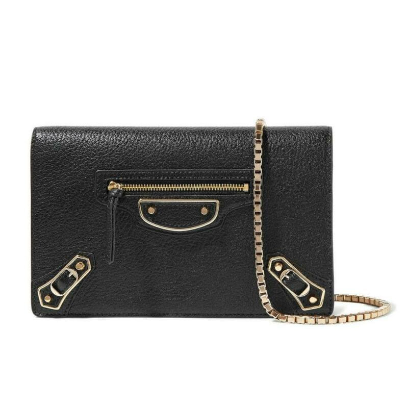Balenciaga Metallic Edge Chain Gold Chain Wallet Black Leather Cross Body Bag