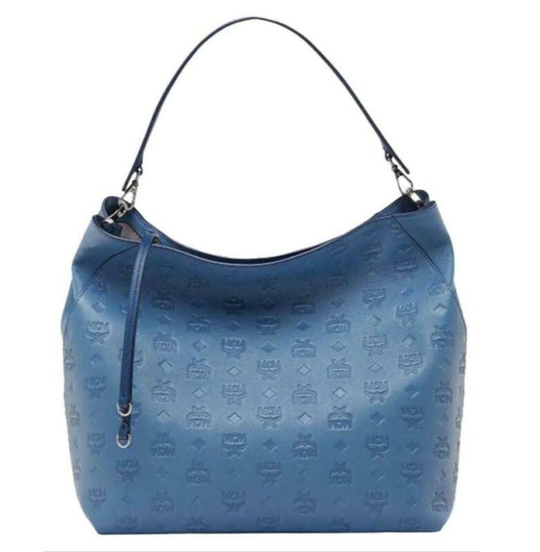 MCM Hobo Bag Klara Large Monogrammed Luft Blue Leather Tote