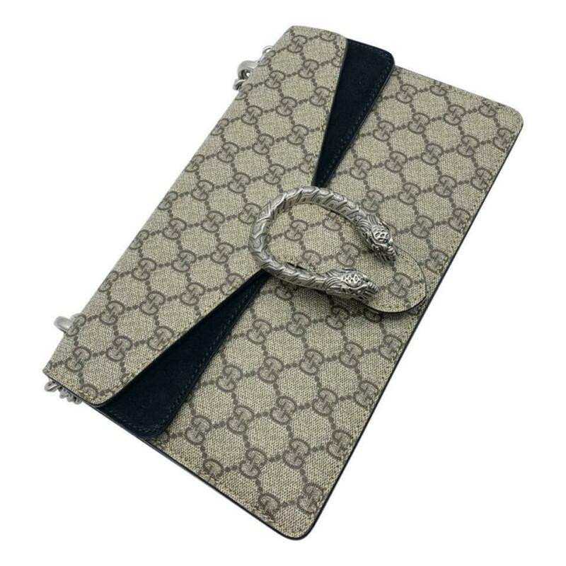 Gucci Chain Dionysus Small Black Beige Gg Supreme Canvas Shoulder Bag