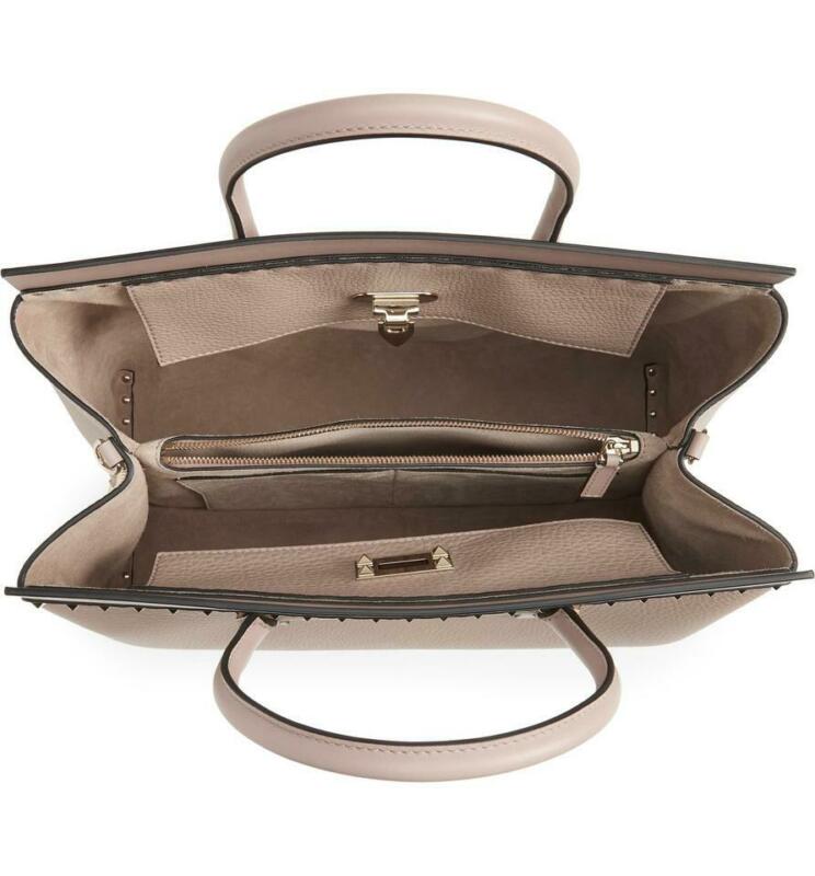 Valentino Medium Rockstud Double Handle Satchel Beige Leather Tote