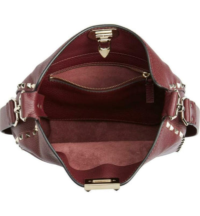 Valentino Hobo Small Rockstud Burgundy Leather Messenger Bag