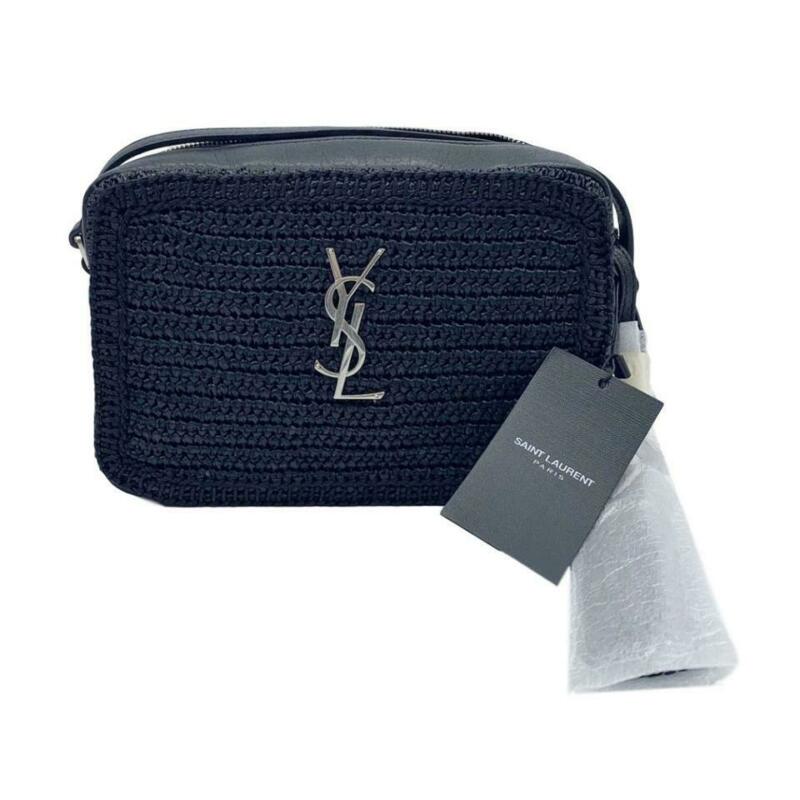 Saint Laurent Monogram Camera Raffia Canvas Lou Black Leather Cross Body Bag