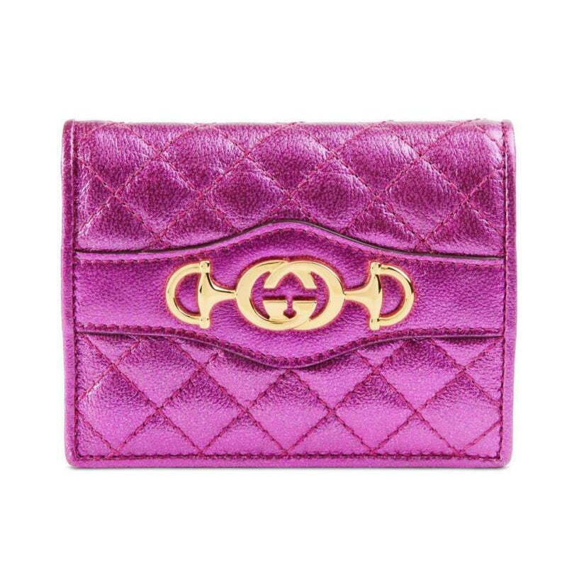 Gucci Pink Horsebit Marmont Trapuntata Flap Card Case Logo Icon Quilted Metallic