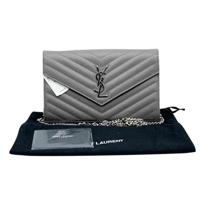Saint Laurent Monogram Envelope Chain Wallet Medium Grey Leather Cross Body Bag