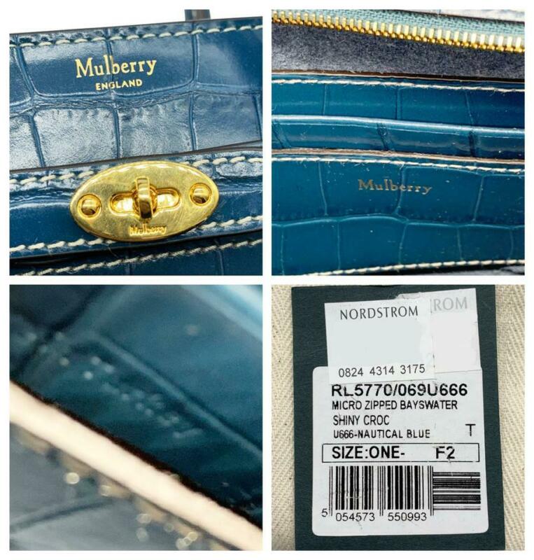 Mulberry Micro Bayswater Croc Embossed Satchel Blue Leather Shoulder Bag