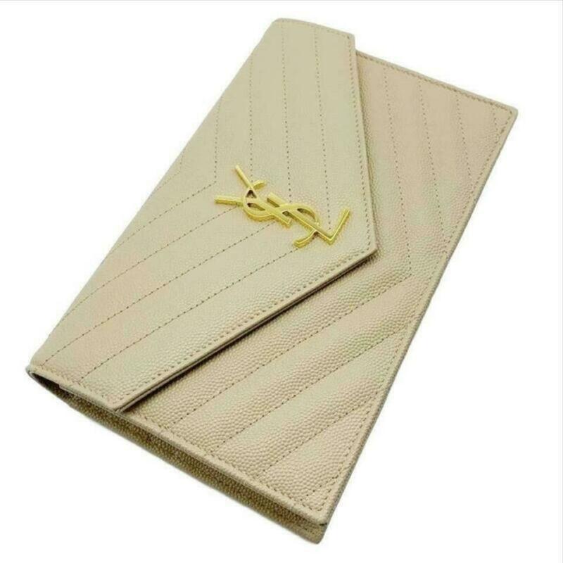 Saint Laurent Monogram Envelope Chain Wallet Small Poudre Beige Leather