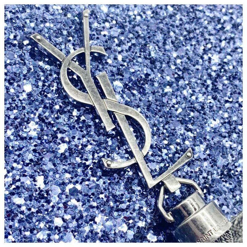 Saint Laurent Monogram Kate Chain Wallet New Chain Glitter Tassel Blue Leather