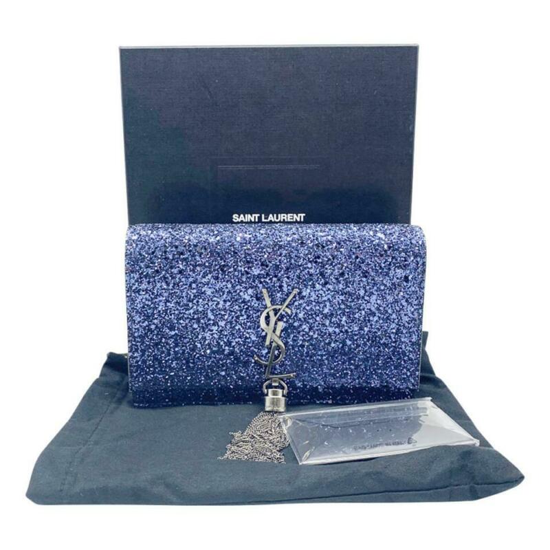 Saint Laurent Monogram Kate Chain Wallet New Chain Glitter Tassel Blue Leather