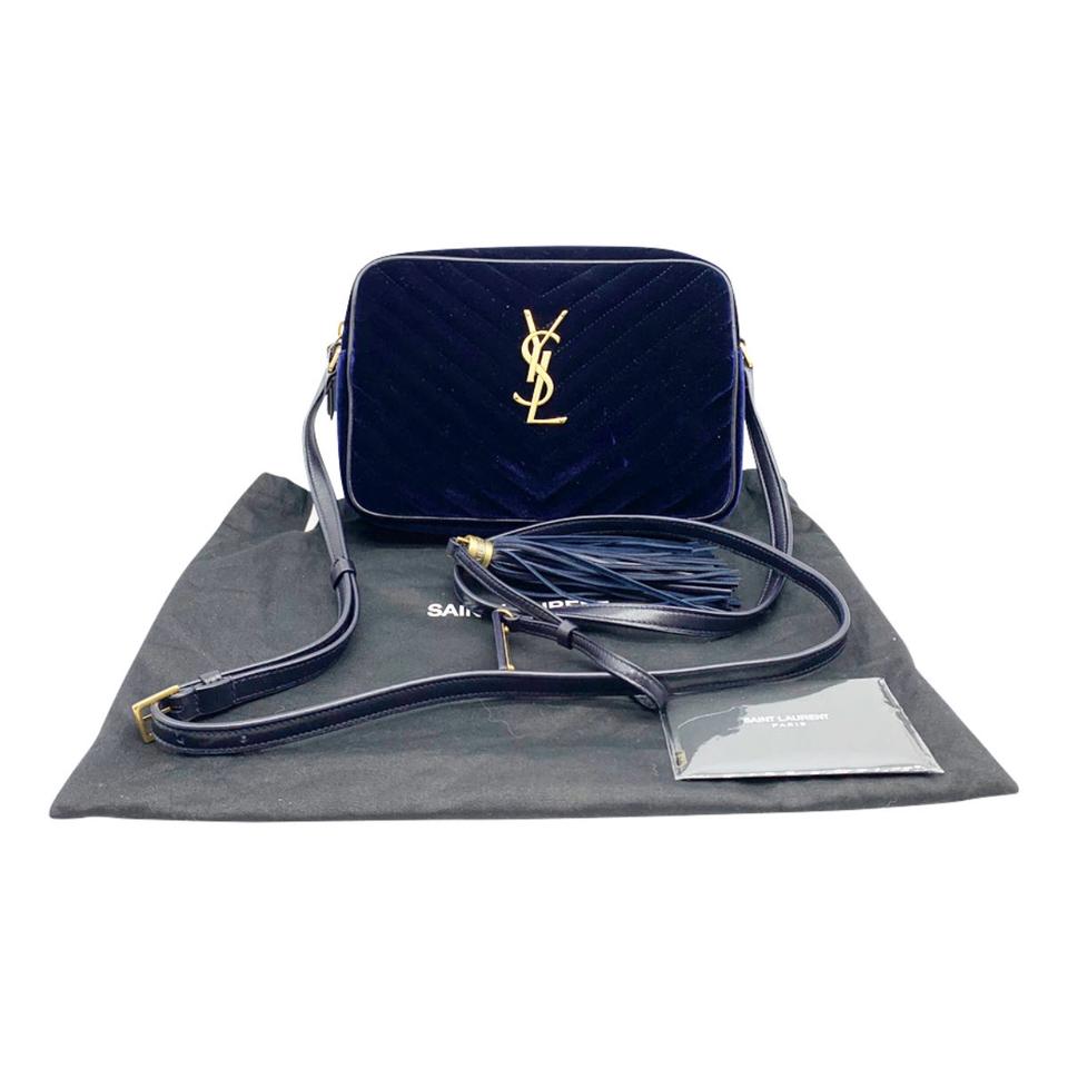 Saint Laurent Camera Lou Medium Ysl Monogram Quilted Blue Velvet Cross Body Bag