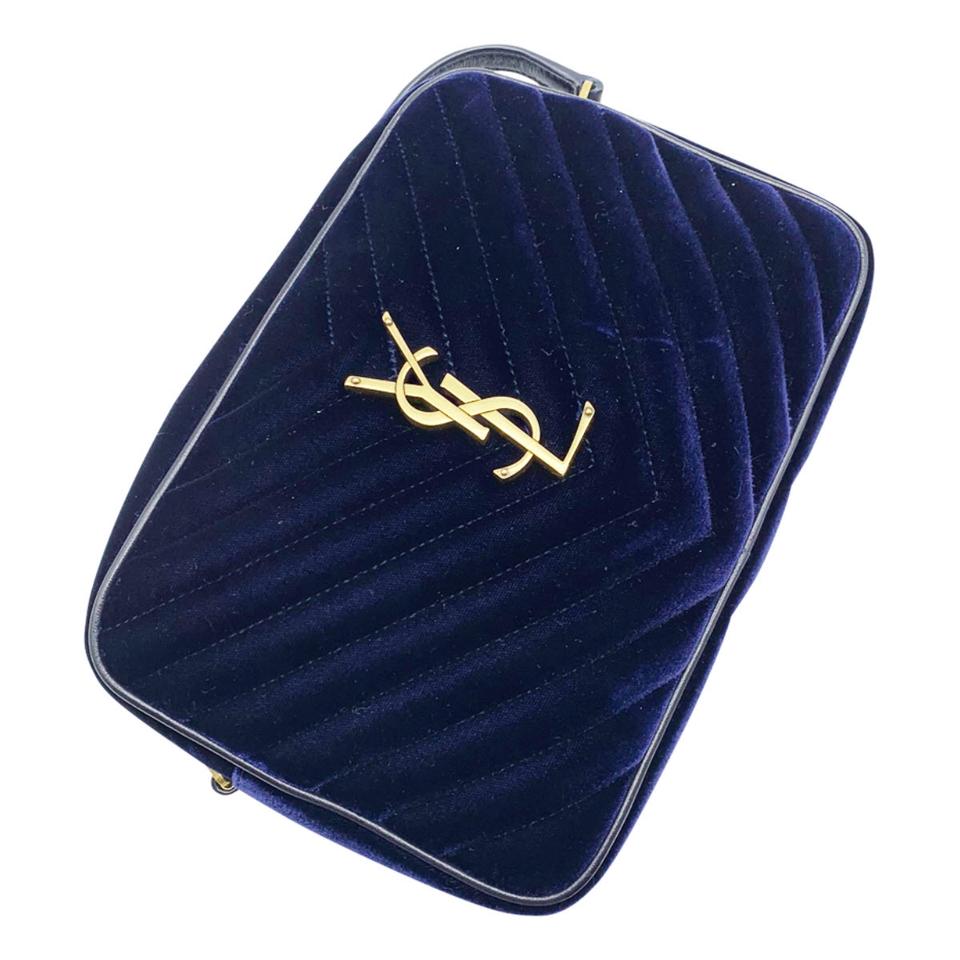 Saint Laurent Camera Lou Medium Ysl Monogram Quilted Blue Velvet Cross Body Bag