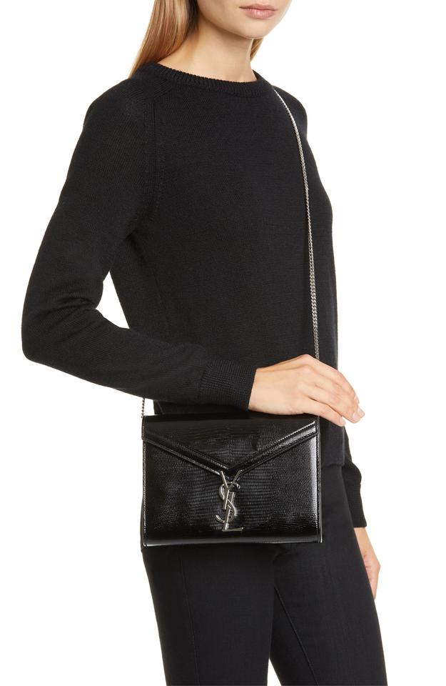 Saint Laurent Cassandre Reptile Embossed Calfskin Wallet On A Chain Black Leather Shoulder Bag