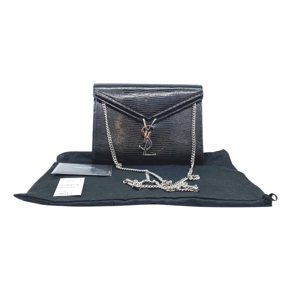 Saint Laurent Cassandre Reptile Embossed Calfskin Wallet On A Chain Black Leather Shoulder Bag