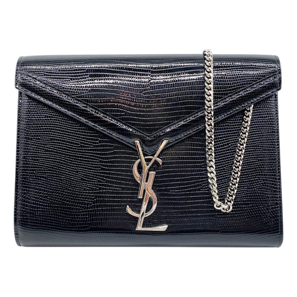 Saint Laurent Cassandre Reptile Embossed Calfskin Wallet On A Chain Black Leather Shoulder Bag