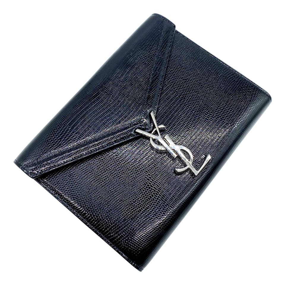 Saint Laurent Cassandre Reptile Embossed Calfskin Wallet On A Chain Black Leather Shoulder Bag