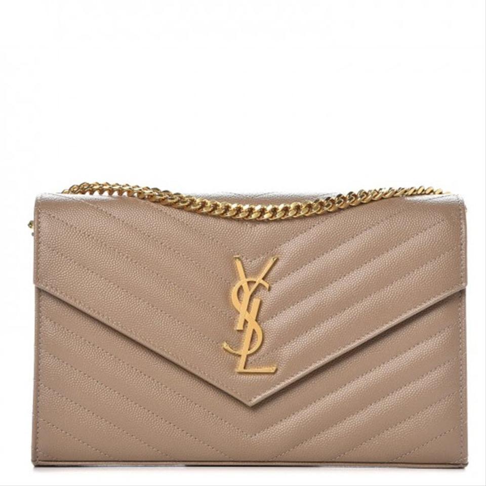 Saint Laurent Chain Wallet Grain De Poudre Matelasse Chevron Monogram Light Taupe Beige Leather Shoulder Bag