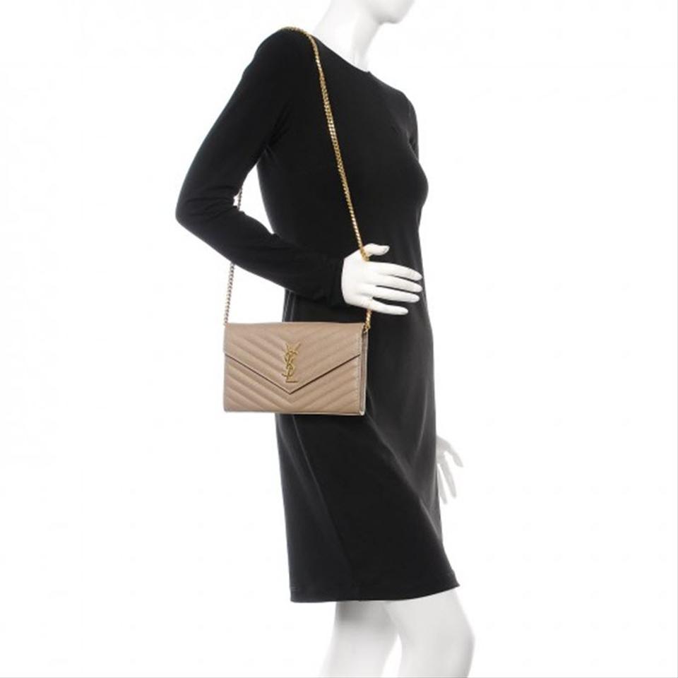 Saint Laurent Chain Wallet Grain De Poudre Matelasse Chevron Monogram Light Taupe Beige Leather Shoulder Bag