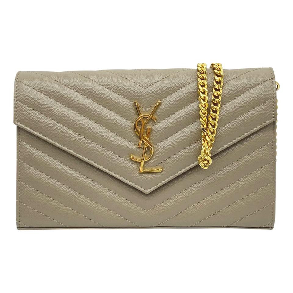 Saint Laurent Chain Wallet Grain De Poudre Matelasse Chevron Monogram Light Taupe Beige Leather Shoulder Bag
