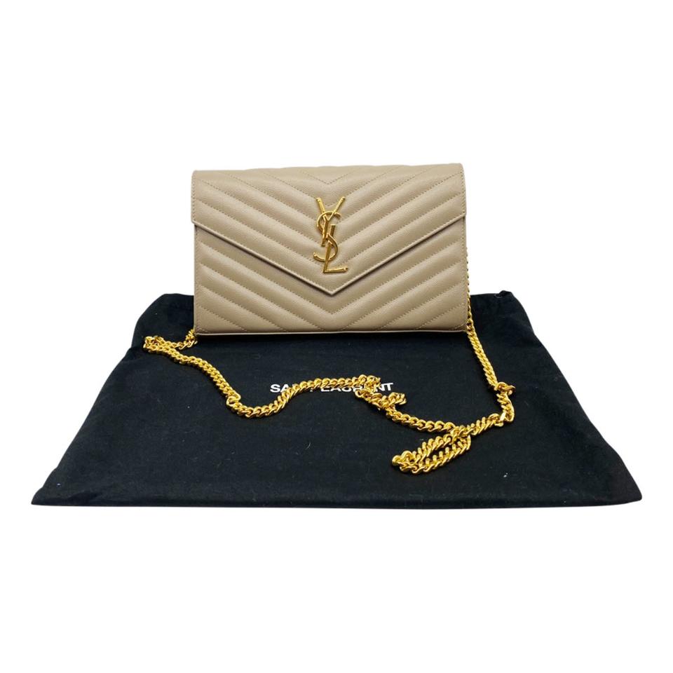 Saint Laurent Chain Wallet Grain De Poudre Matelasse Chevron Monogram Light Taupe Beige Leather Shoulder Bag