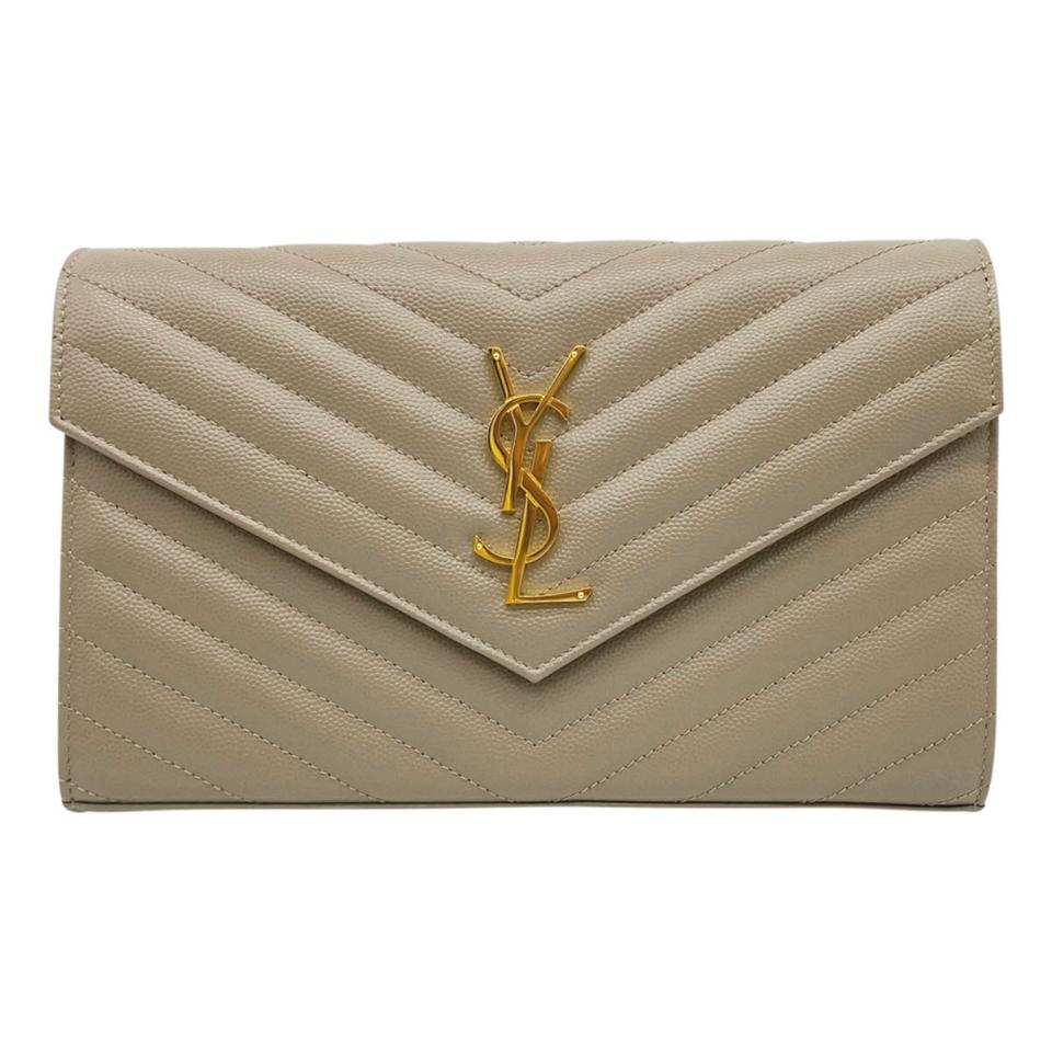 Saint Laurent Chain Wallet Grain De Poudre Matelasse Chevron Monogram Light Taupe Beige Leather Shoulder Bag