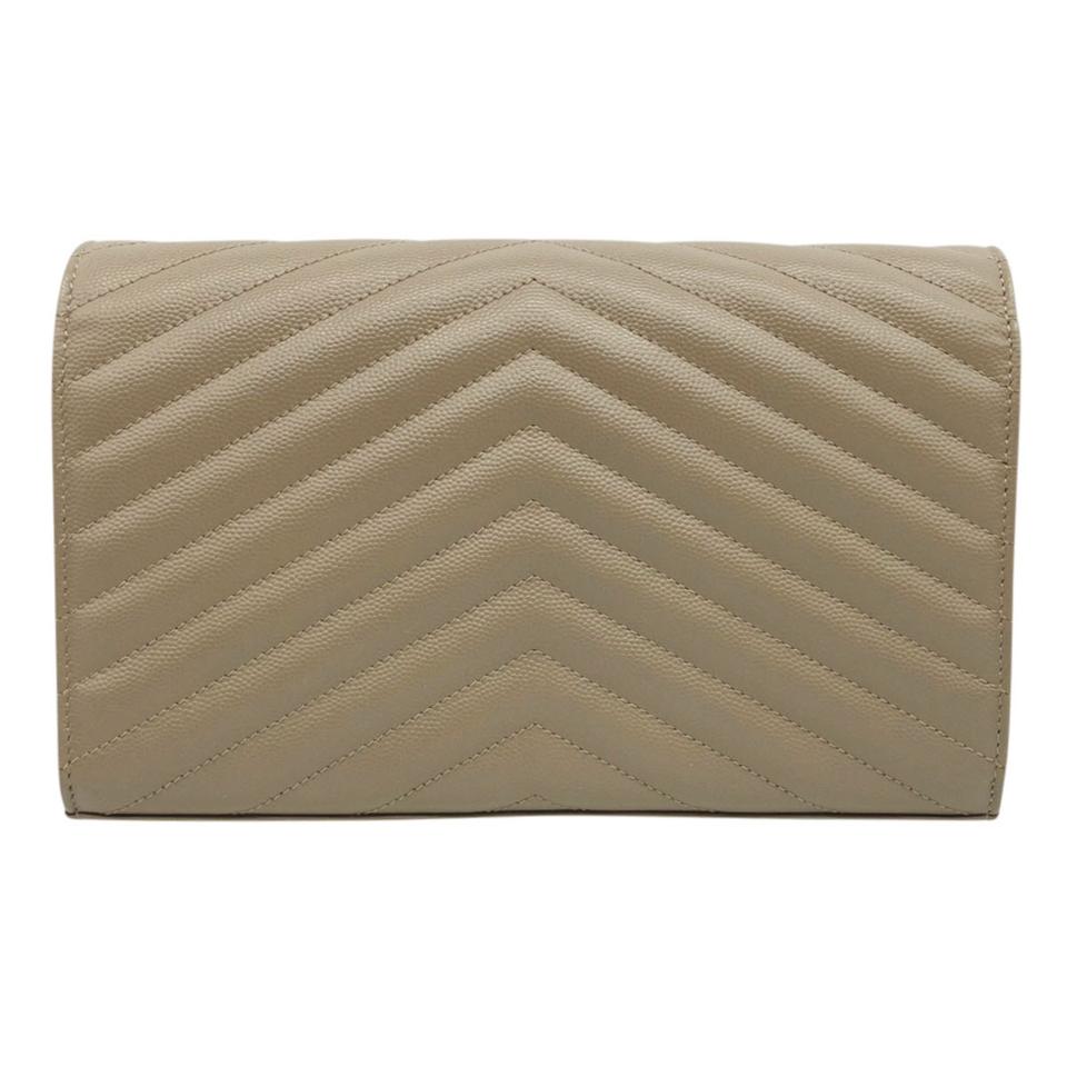 Saint Laurent Chain Wallet Grain De Poudre Matelasse Chevron Monogram Light Taupe Beige Leather Shoulder Bag