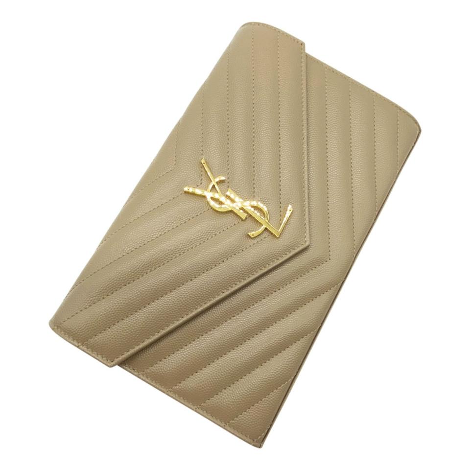 Saint Laurent Chain Wallet Grain De Poudre Matelasse Chevron Monogram Light Taupe Beige Leather Shoulder Bag