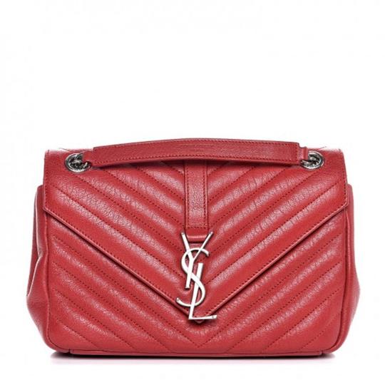 Saint Laurent College Chain Sheepskin Matelasse Chevron Medium Monogram Red Leather Shoulder Bag