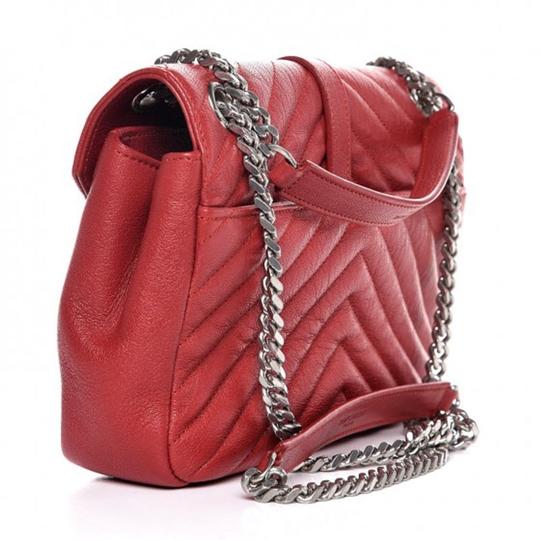 Saint Laurent College Chain Sheepskin Matelasse Chevron Medium Monogram Red Leather Shoulder Bag