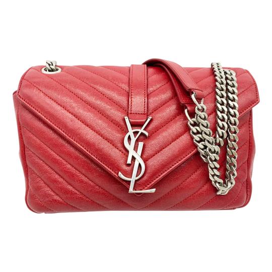 Saint Laurent College Chain Sheepskin Matelasse Chevron Medium Monogram Red Leather Shoulder Bag