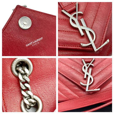 Saint Laurent College Chain Sheepskin Matelasse Chevron Medium Monogram Red Leather Shoulder Bag