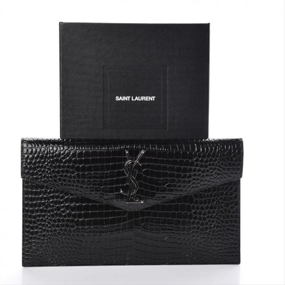 Saint Laurent Crocodile Embossed Uptown Monogram Black Calfskin Leather Clutch