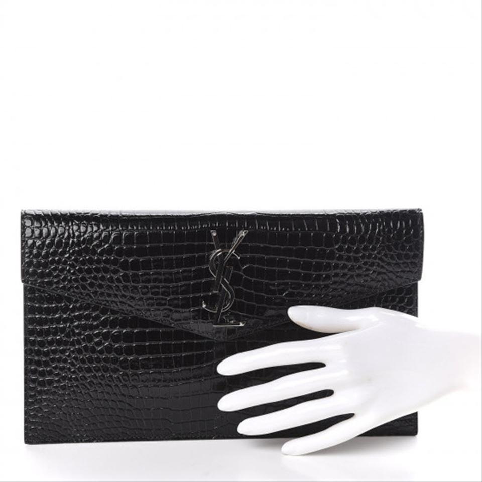 Saint Laurent Crocodile Embossed Uptown Monogram Black Calfskin Leather Clutch