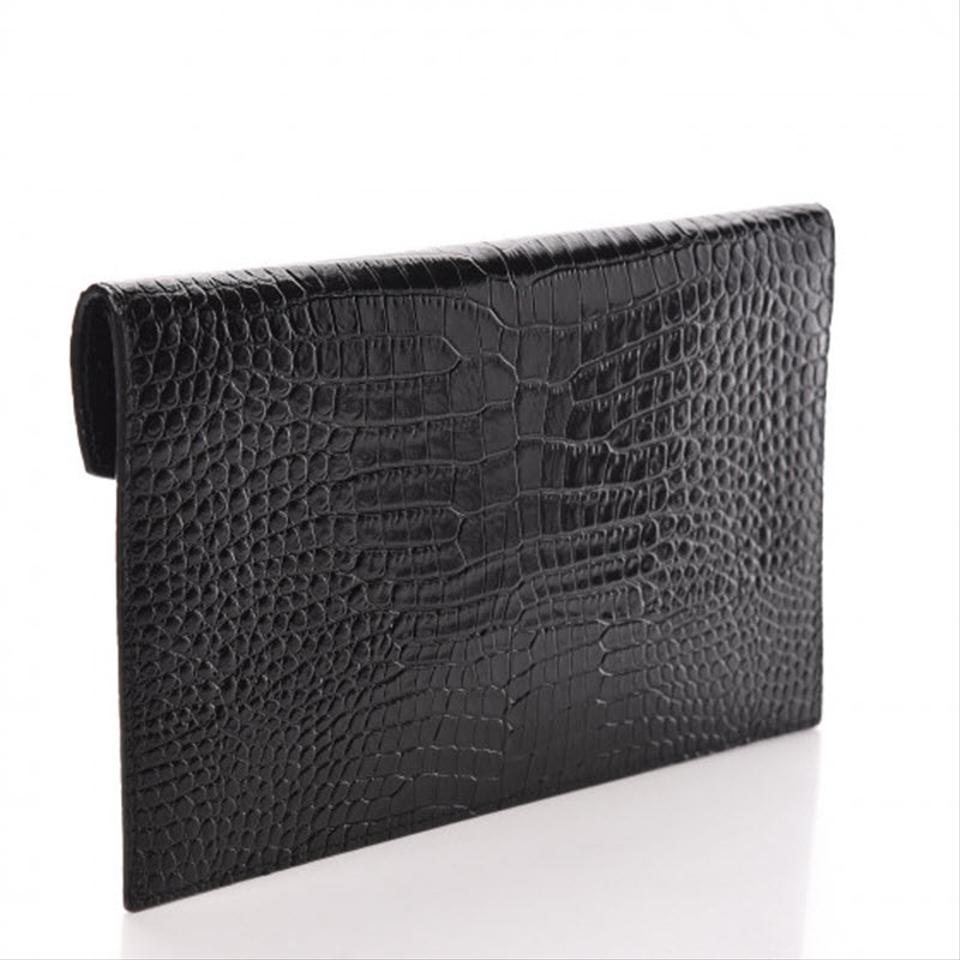 Saint Laurent Crocodile Embossed Uptown Monogram Black Calfskin Leather Clutch