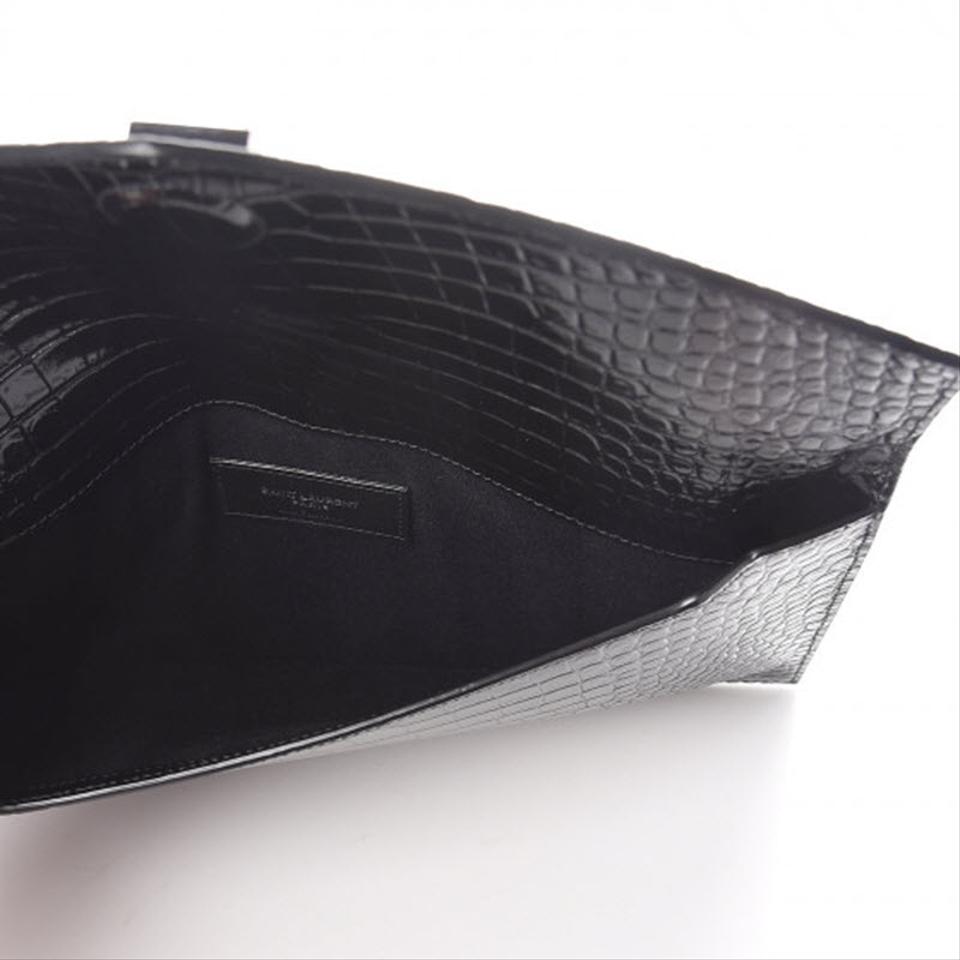 Saint Laurent Crocodile Embossed Uptown Monogram Black Calfskin Leather Clutch