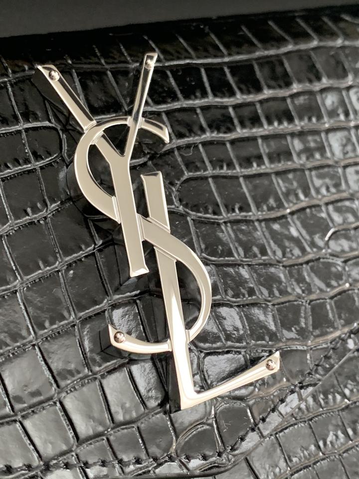 Saint Laurent Crocodile Embossed Uptown Monogram Black Calfskin Leather Clutch