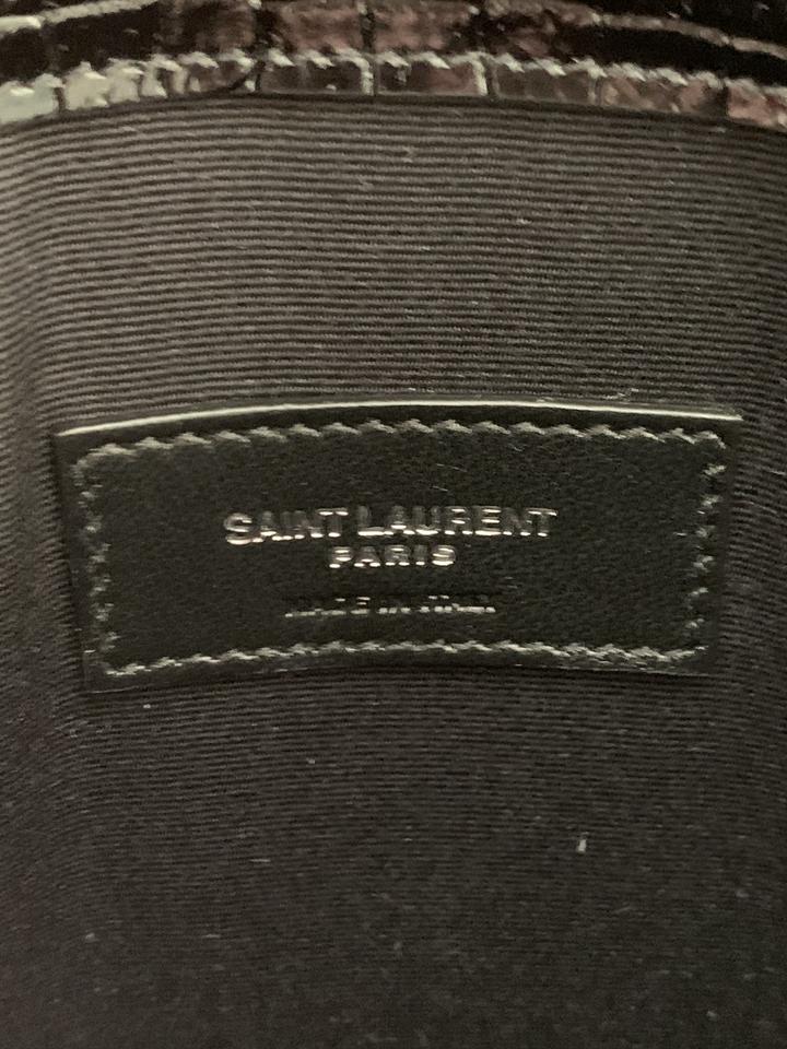 Saint Laurent Crocodile Embossed Uptown Monogram Black Calfskin Leather Clutch