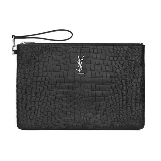 Saint Laurent Envelope Crocodile Embossed Monogram Document Holder Pouch Black Leather Wristlet