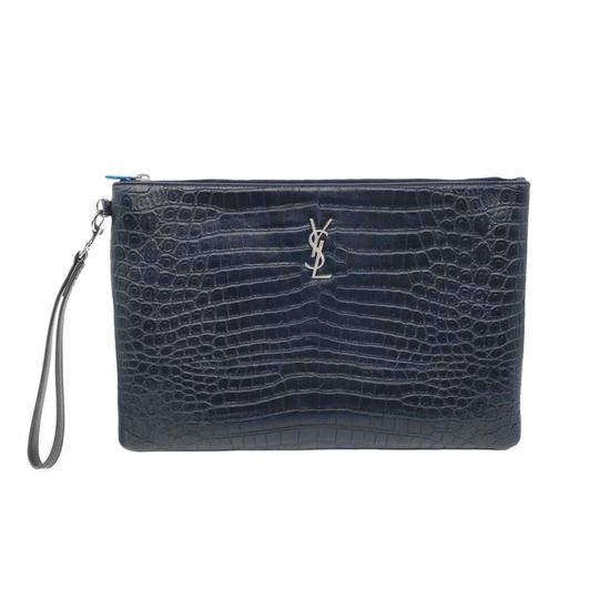 Saint Laurent Envelope Crocodile Embossed Monogram Document Holder Pouch Black Leather Wristlet
