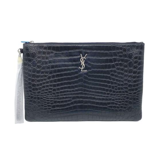 Saint Laurent Envelope Crocodile Embossed Monogram Document Holder Pouch Black Leather Wristlet