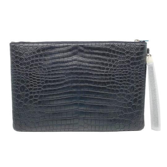 Saint Laurent Envelope Crocodile Embossed Monogram Document Holder Pouch Black Leather Wristlet