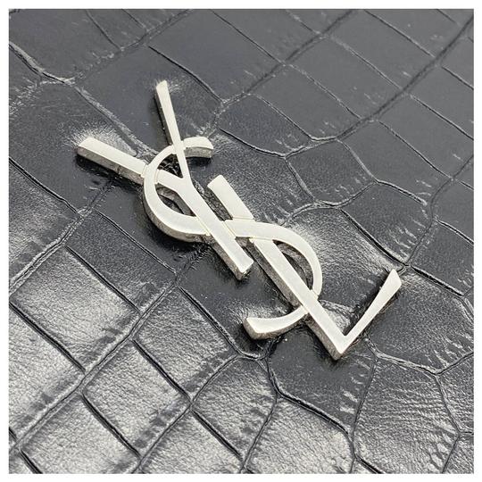 Saint Laurent Envelope Crocodile Embossed Monogram Document Holder Pouch Black Leather Wristlet