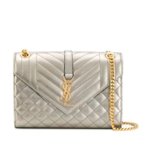Saint Laurent Envelope Medium Monogramme Quilted Silver Leather Shoulder Bag