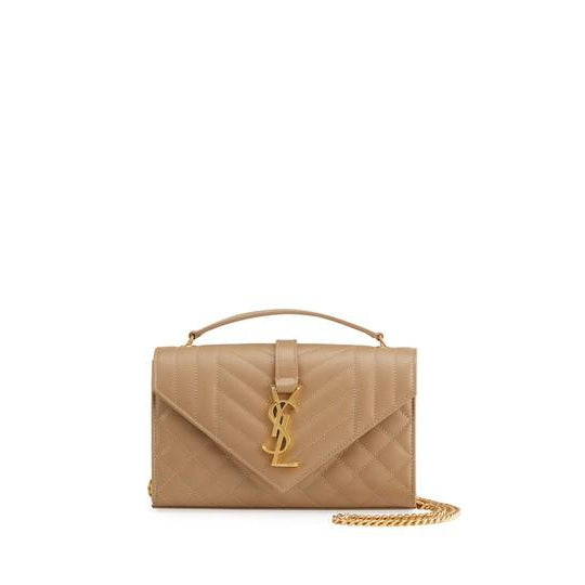 Saint Laurent Envelope Small Ysl Monogram Satchel Triquilt Beige Leather Shoulder Bag