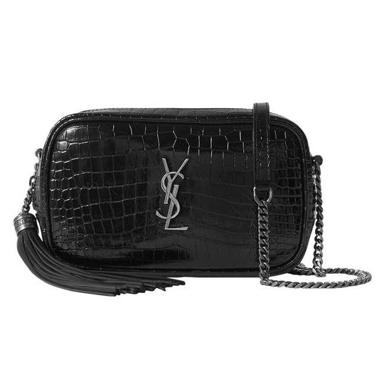 Saint Laurent Lou Ysl Monogram Camera Mini In Croc-embossed Black Leather Cross Body Bag