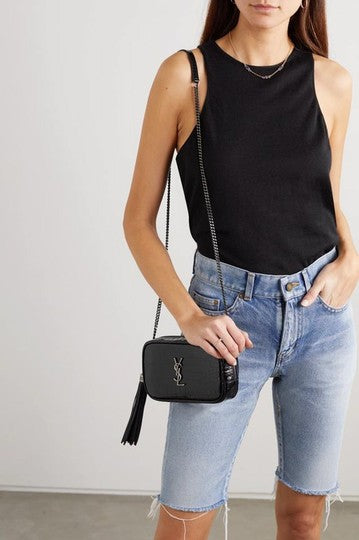 Saint Laurent Lou Ysl Monogram Camera Mini In Croc-embossed Black Leather Cross Body Bag