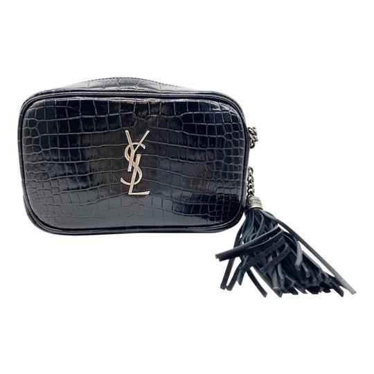 Saint Laurent Lou Ysl Monogram Camera Mini In Croc-embossed Black Leather Cross Body Bag