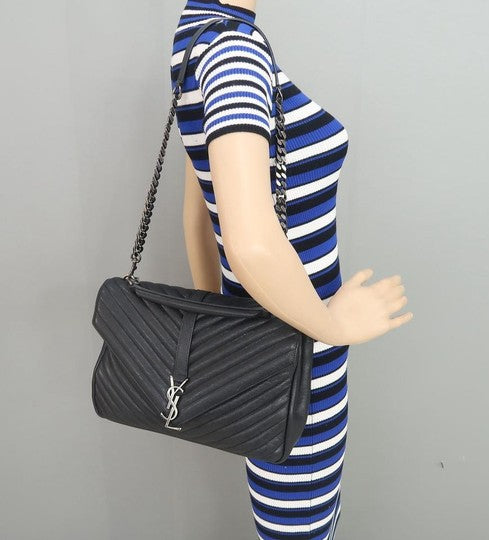 Saint Laurent Monogram College Large Black Calfskin Leather Satchel