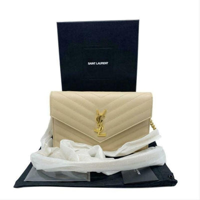 Saint Laurent Monogram Envelope Chain Wallet Small Poudre Beige Leather Cross Body Bag